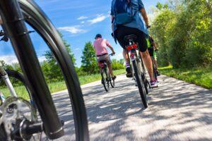Gruppe von Radfahrern auf einem Weg umgeben von Bäumen.