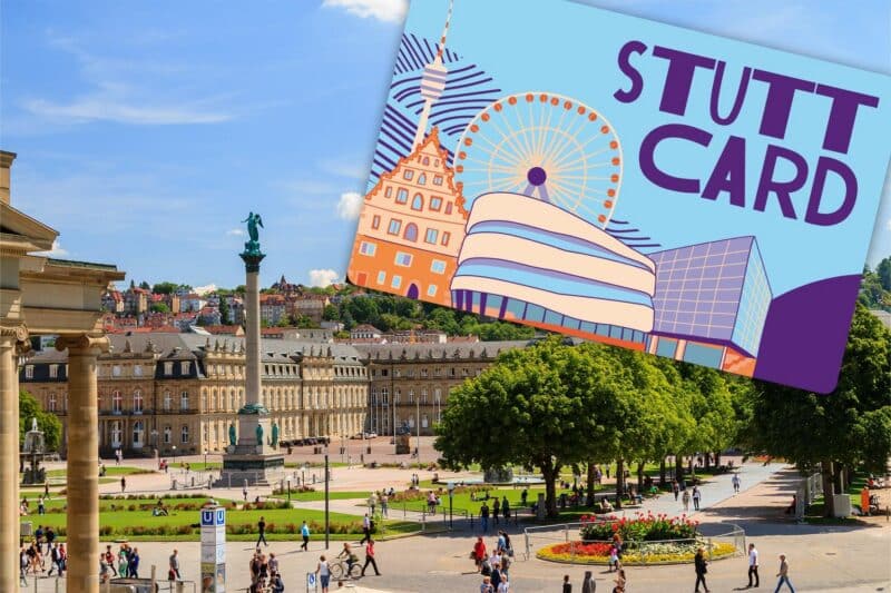 Blick auf einen Platz mit Stuttgarter Sehenswürdigkeiten und einer STUTT CARD.