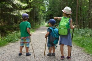 Drei Kinder auf einem Wanderweg im Wald, mit Rucksäcken und Wanderstöcken.