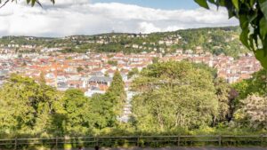 Blick auf eine Stadt mit vielen Häusern und Bäumen im Vordergrund.