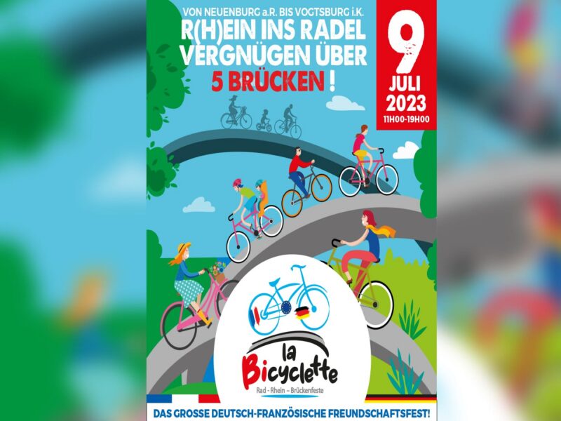 Bunte Grafik für Fahrradveranstaltung mit Radfahrern über Brücken.
