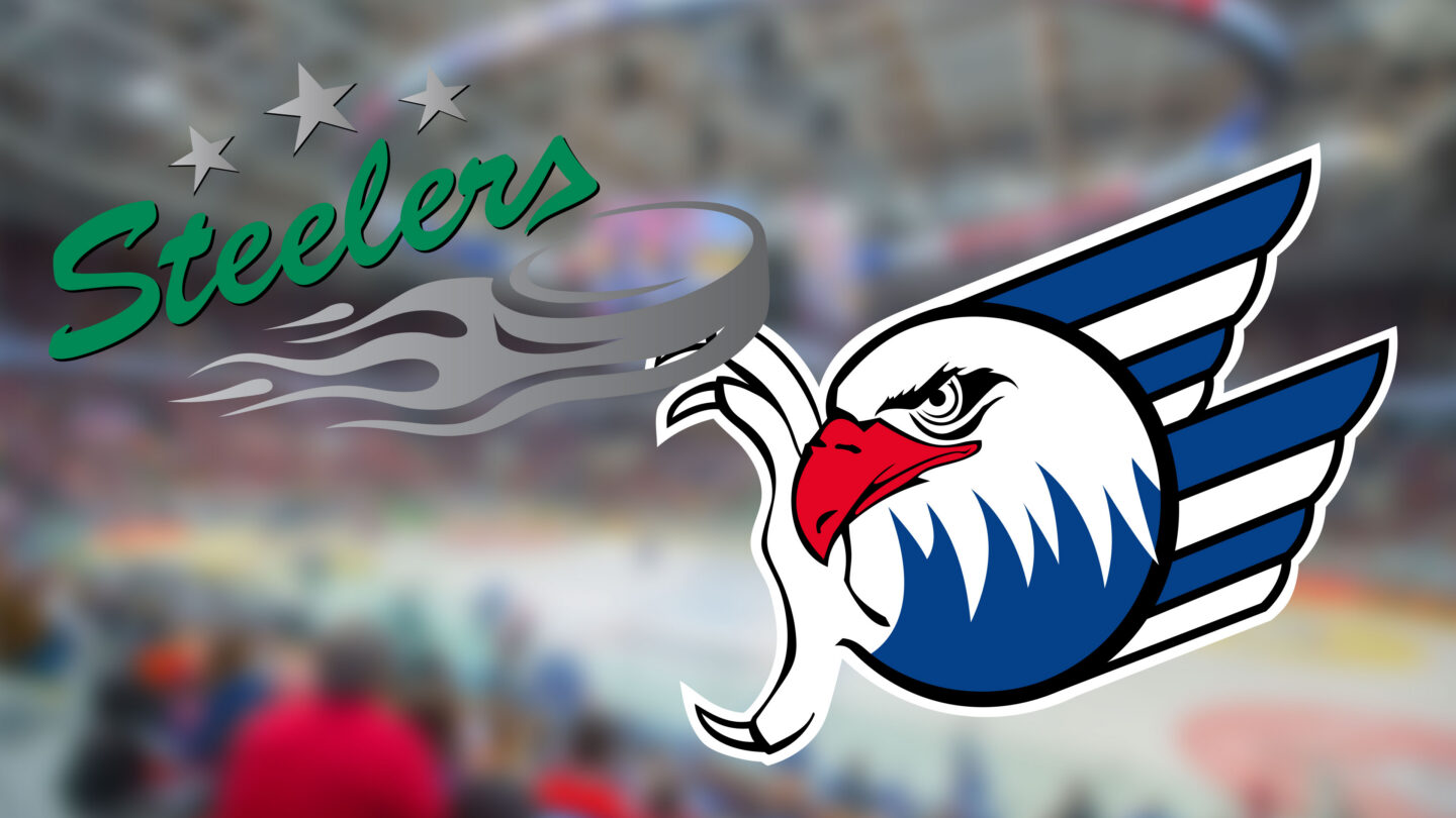 Logos der Steelers und eines Eishockeyteams vor verschwommenem Hintergrund.