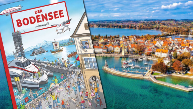 Illustration eines Buchcovers über den Bodensee mit Hafenansicht.