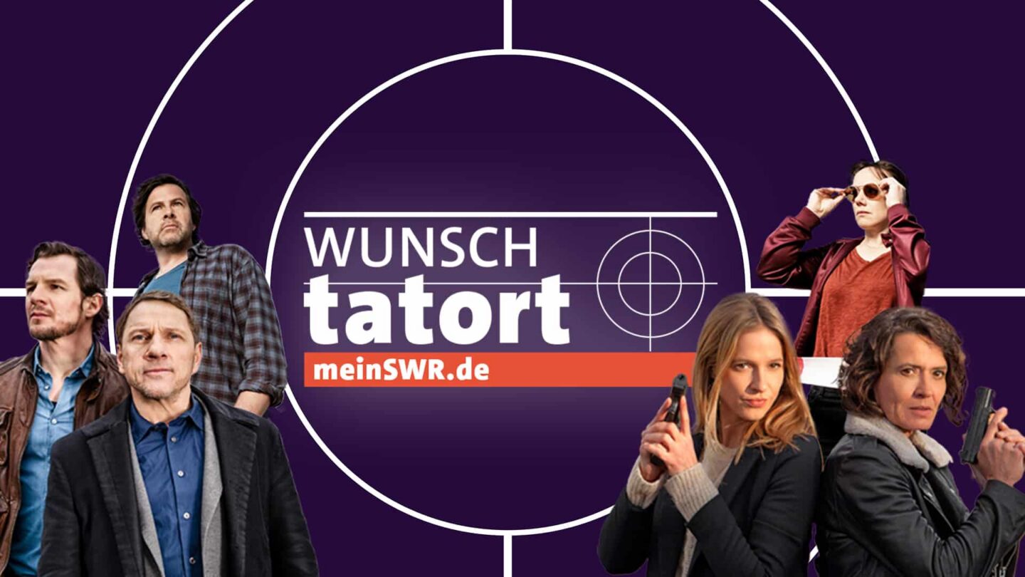 Gruppenbild von Schauspielern aus der Serie Tatort mit dem Logo Wunsch-Tatort.