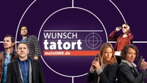 Gruppenbild von Schauspielern aus der Serie Tatort mit dem Logo Wunsch-Tatort.