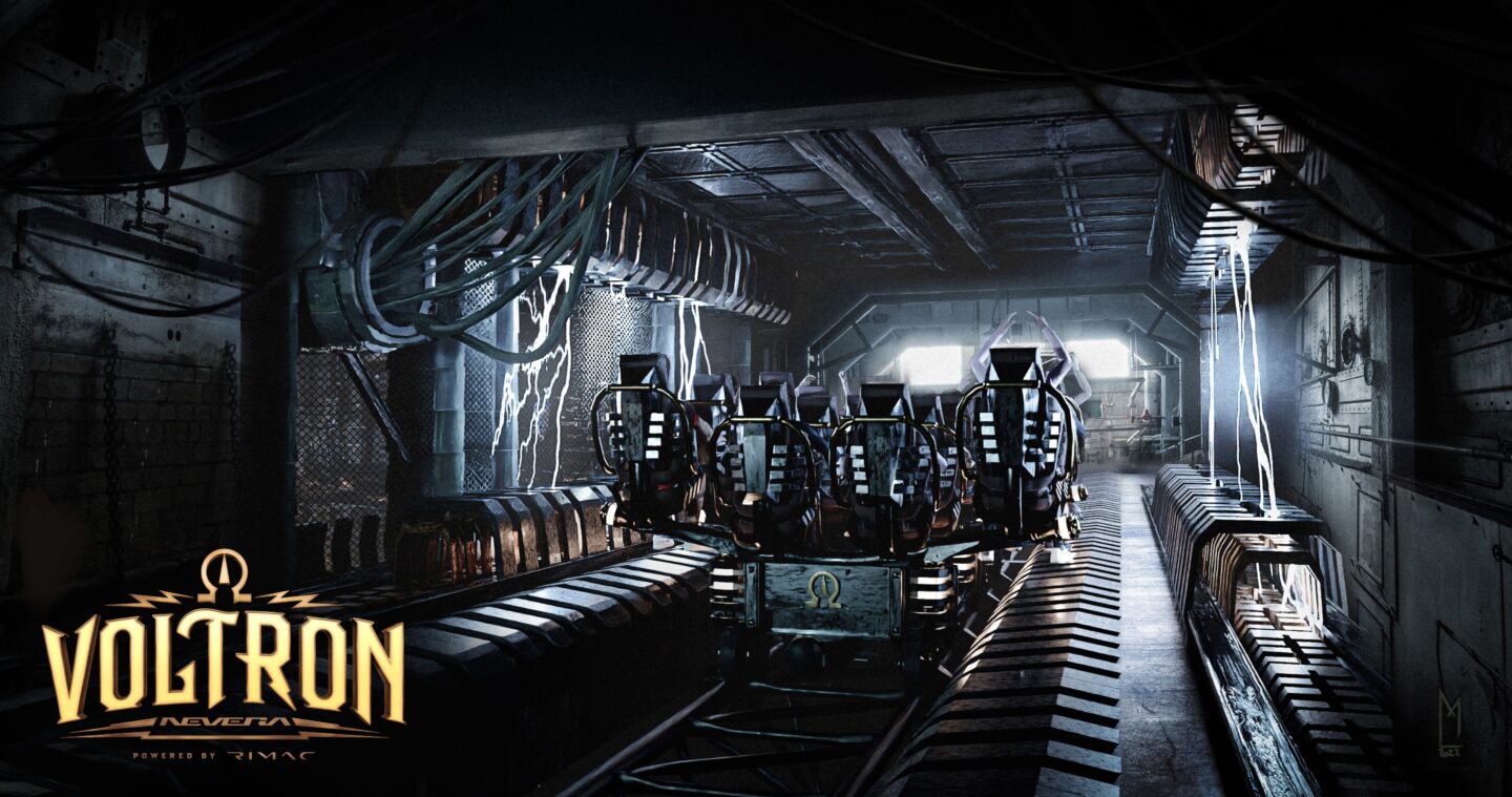 Futuristische Achterbahn in einem dunklen, industriellen Setting.