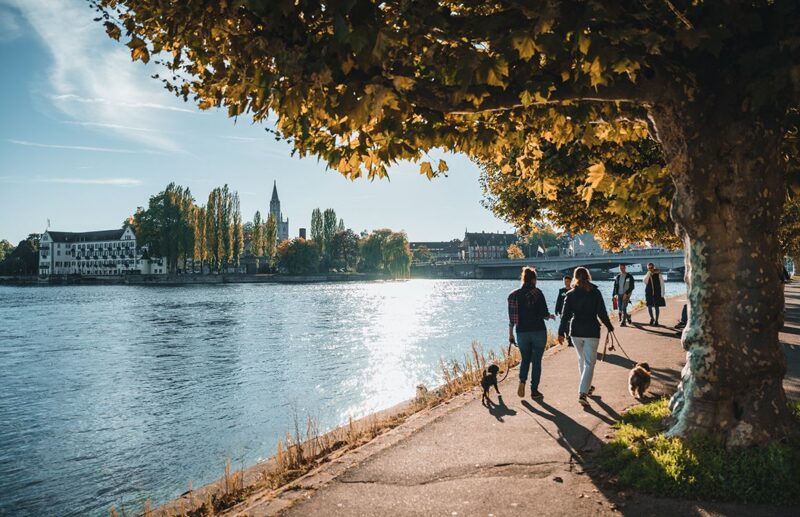 Spaziergänger am Flussufer mit Bäumen und reflektierendem Wasser.