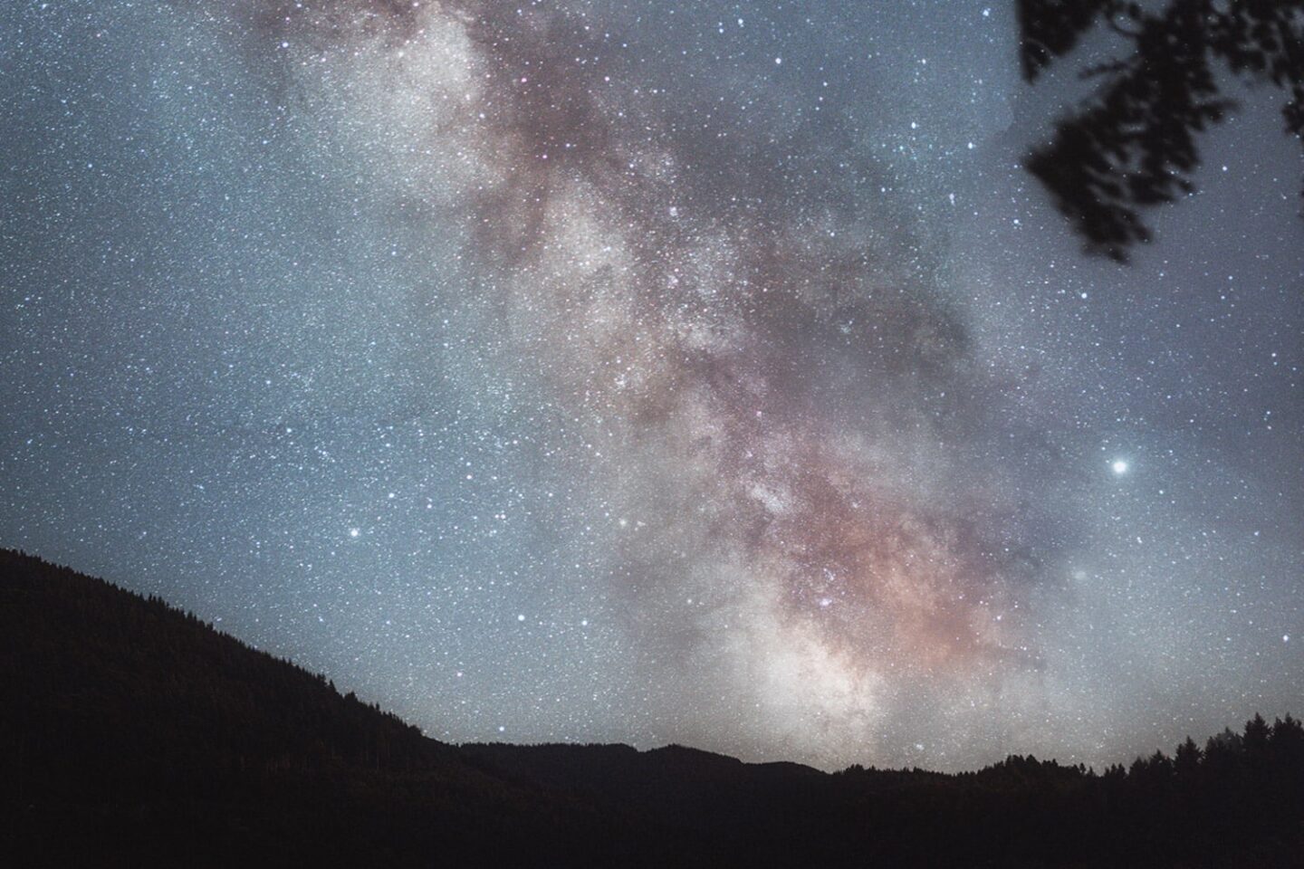 Sternenhimmel mit Milchstraße über einem bewaldeten Hügel.