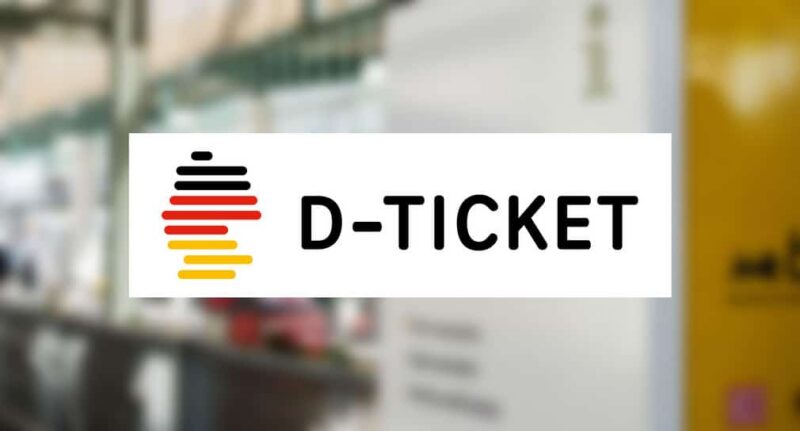 Logo von D-TICKET mit farbigen Balken in Schwarz, Rot und Gelb.