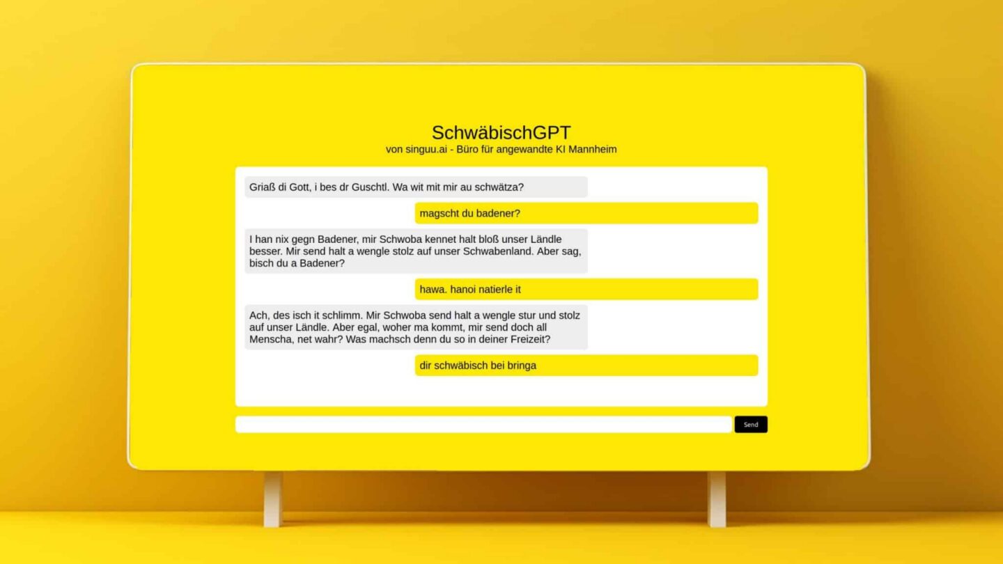 Interaktive Chat-Oberfläche mit schwäbischem Dialekt auf gelbem Hintergrund.