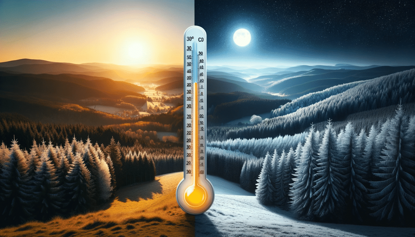 Temperaturanzeige mit einer Landschaft bei Tag und Nacht.