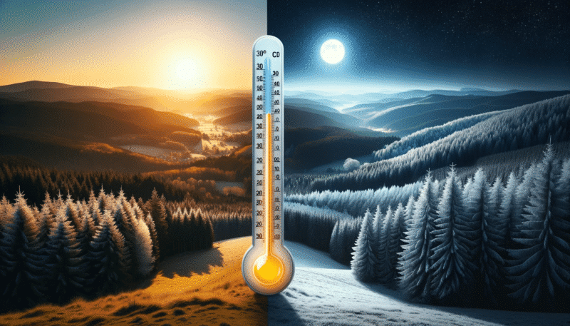 Temperaturanzeige mit einer Landschaft bei Tag und Nacht.