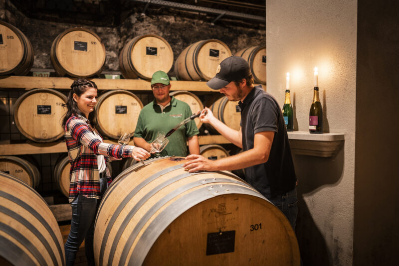 Drei Personen in einem Weinkeller, die Wein aus einem Fass einschenken.