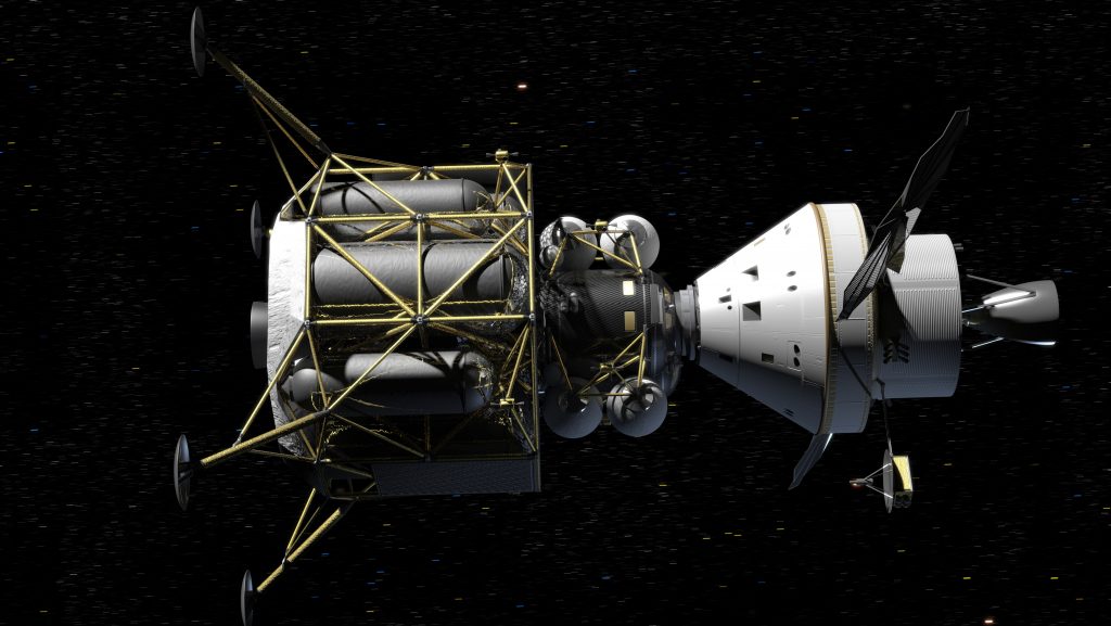 Mondlandefähre des Constellation-Programms (links) neben der Raumkapsel, die Alexander Gerst auf seiner bevorstehenden Mission zum Mond bringen soll. 
