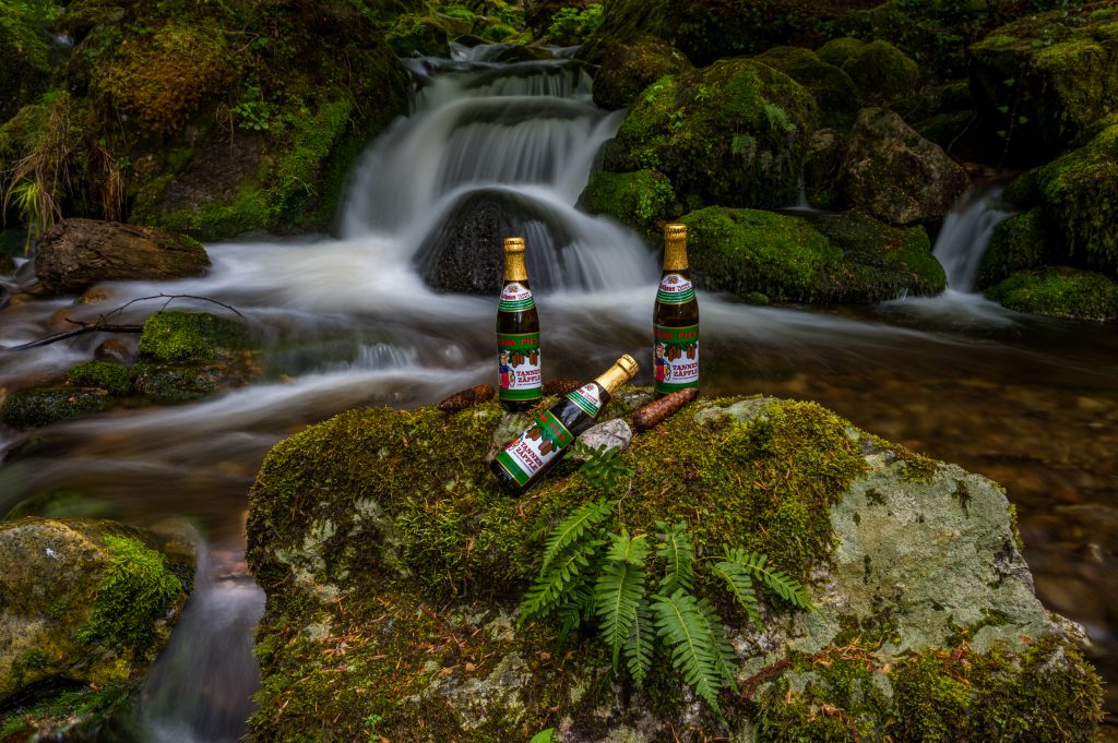 Rothaus Tannenzäpfle vor Wasserfall
