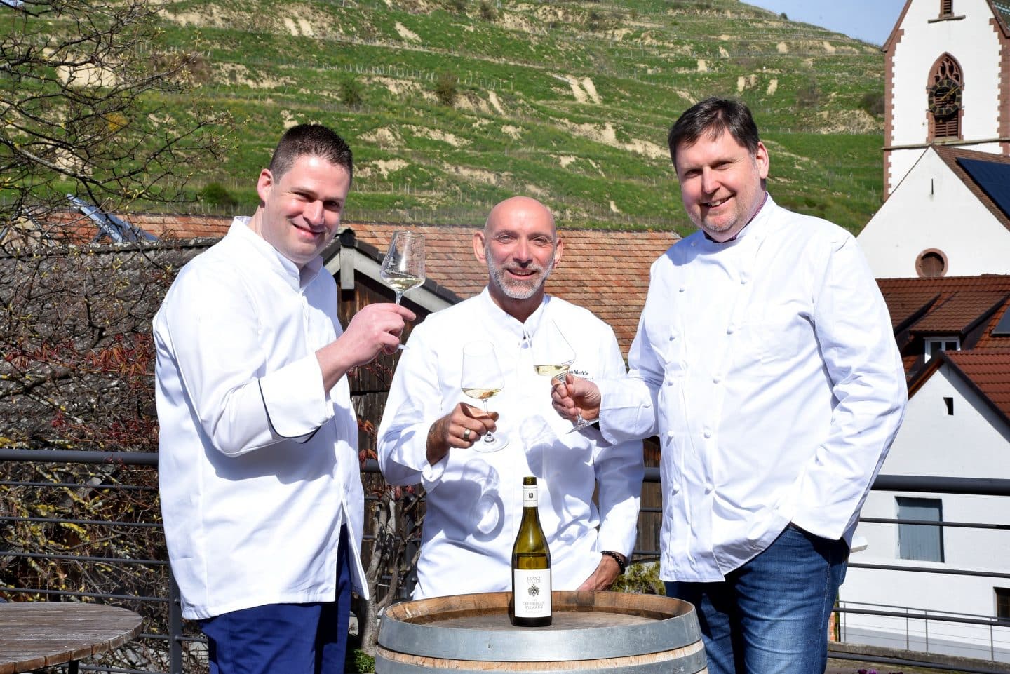Die Sterneköche Christian Baur vom Schwarzen Adler in Vogtsburg-Oberbergen, Thomas Merkle vom Merkles Restaurant in Endingen und Martin Fauster von der Wolfhöhle in Freiburg (von links).