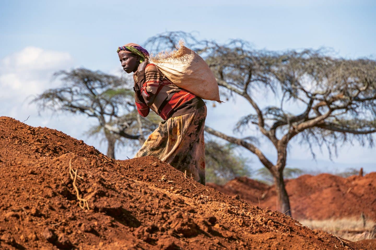 Eine schwere Dürre, verursacht durch fünf ausgefallene Regenzeiten, betrifft die Zone der Region Oromia in Äthiopien. Eine Frau nimmt an einem Cash-for-Work-Programm teil, um einen gemeinschaftlichen Regenwasserspeicher für die Viehzucht und die Bewässerung von Futterpflanzen zu installieren. 
