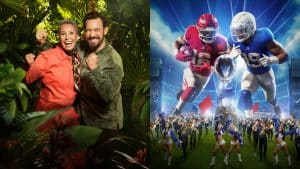 Collage aus zwei Bildern: Links Sonja Zietlow und Jan Köppen im Dschungelcamp-Setting, lächelnd und in Siegerpose. Rechts zwei NFL-Spieler in actiongeladenem Stadion, flankiert von Cheerleadern und einer Bühne mit Halbzeitshow-Atmosphäre.