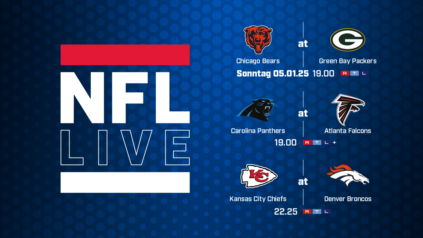 Grafik zu "NFL Live" mit den Paarungen für den letzten Spieltag der Regular Season. Oben links: Chicago Bears vs. Green Bay Packers, Sonntag, 5. Januar 2025, Kickoff 19:00 Uhr, live auf RTL. Unten links: Carolina Panthers vs. Atlanta Falcons, Kickoff ebenfalls 19:00 Uhr, live auf RTL+. Unten rechts: Kansas City Chiefs vs. Denver Broncos, Kickoff 22:25 Uhr, live auf RTL.