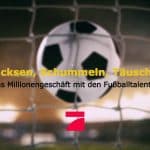 Ein Fußball fliegt durch ein Tornetz, begleitet vom Schriftzug ‚Tricksen, Schummeln, Täuschen – Das Millionengeschäft mit den Fußballtalenten‘ und dem ProSieben-Logo darunter. Hintergrund unscharf, mit Stadionbeleuchtung