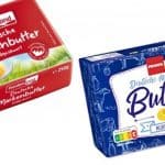 Zwei Verpackungen von Deutscher Markenbutter. Links ist die Frankenland Deutsche Markenbutter mildgesäuert in einer roten Verpackung mit gelbem Buttermotiv und grünem Hintergrund zu sehen. Rechts ist die Penny Deutsche Markenbutter mildgesäuert in einer blauen Verpackung mit weißem Schriftzug und gelbem Buttermotiv abgebildet.