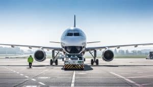 Ein großes Passagierflugzeug wird auf dem Rollfeld des Flughafens Stuttgart von einem Pushback-Fahrzeug bewegt. Im Vordergrund steht ein Mitarbeiter in einer gelben Sicherheitsweste. Im Hintergrund sind Gebäude des Flughafens und eine klare, sonnige Atmosphäre zu erkennen.