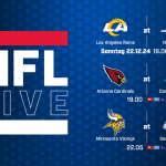 Grafik zur NFL LIVE-Übertragung von RTL. Gezeigt werden drei Spiele der NFL: Los Angeles Rams gegen New York Jets – Sonntag, 22.12.24, um 19:00 Uhr (RTL). Arizona Cardinals gegen Carolina Panthers – 19:00 Uhr (RTL+). Minnesota Vikings gegen Seattle Seahawks – 22:05 Uhr (RTL). Das Design zeigt Teamlogos, Spielzeiten und die Senderlogos auf einem blauen Hintergrund.