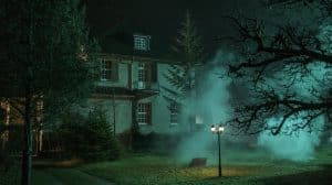 Das Nolden-Haus bei Nacht, umgeben von Nebelschwaden und schattigen Bäumen. Die unheimliche Beleuchtung und der dichte Rauch verstärken die mysteriöse Atmosphäre, die das Gebäude umgibt. Ein einzelner Laternenpfahl wirft ein warmes Licht auf den Garten, während das Haus selbst dunkel und geheimnisvoll erscheint.
