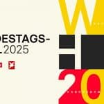 Grafik zur Bundestagswahl 2025 mit großem, farbigen Schriftzug in Schwarz, Rot und Gelb. Links steht der Text 'BUNDESTAGSWAHL 2025' in schwarzer und grauer Schrift. Darunter sind die Logos von RTL, ntv und Stern zu sehen.