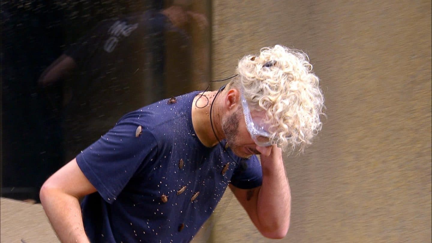 Sam Dylan nach der Dschungelprüfung 'Murwillumbah Jones – Jäger der verlorenen Sterne'. Er trägt ein dunkelblaues T-Shirt und eine Schutzbrille, während zahlreiche Kakerlaken auf seinem Körper krabbeln. Mit gebeugtem Kopf und einer Hand am Ohr wirkt er sichtlich überfordert. Die Szene spielt sich vor einer Wand ab, die den Prüfungsbereich begrenzt. Im Hintergrund ist eine reflektierende Fläche zu sehen, die eine Person teilweise widerspiegelt.