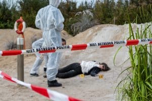 "Aktenzeichen XY... Ungelöst": Nachgestellte Szene: Rot-weiß gestreiftes Absperrband schirmt einen Tatort ab. Dahinter liegt eine tote Frau in den Dünen auf dem Boden. Neben ihr stehen zwei Personen in weißen Anzügen von der Spurensicherung und schauen sie an.