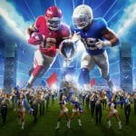 Spektakuläre Inszenierung des Super Bowl LIX: Zwei überdimensionale Football-Spieler, einer im roten Trikot und einer im blauen Trikot, stehen sich mit dem Vince Lombardi Trophy im Zentrum gegenüber. Im Vordergrund marschieren eine Marching Band, Cheerleader und Tänzer über das Spielfeld, während Lichter und Lautsprecher eine energiegeladene Atmosphäre schaffen.