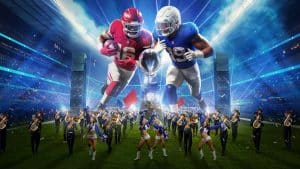 Spektakuläre Inszenierung des Super Bowl LIX: Zwei überdimensionale Football-Spieler, einer im roten Trikot und einer im blauen Trikot, stehen sich mit dem Vince Lombardi Trophy im Zentrum gegenüber. Im Vordergrund marschieren eine Marching Band, Cheerleader und Tänzer über das Spielfeld, während Lichter und Lautsprecher eine energiegeladene Atmosphäre schaffen.