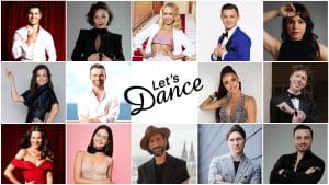 Collage der 14 Profitänzerinnen und Profitänzer der 18. Staffel von 'Let's Dance' 2025. In der Mitte des Bildes ist das Logo der Show mit der Schrift 'Let's Dance' zu sehen. Die Tanzprofis sind in eleganter Kleidung abgebildet, darunter bekannte Gesichter wie Ekaterina Leonova, Massimo Sinató und Kathrin Menzinger. Sie posieren in verschiedenen Stilen, einige in festlicher Garderobe, andere in lässigen Outfits, bereit für die neue Tanzsaison.