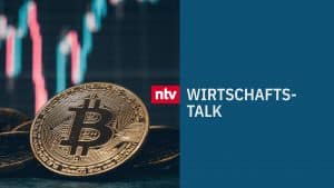 Bitcoin-Münze vor einem digitalen Börsen-Chart, begleitet vom ntv-Logo und der Aufschrift 'Wirtschafts-Talk'.