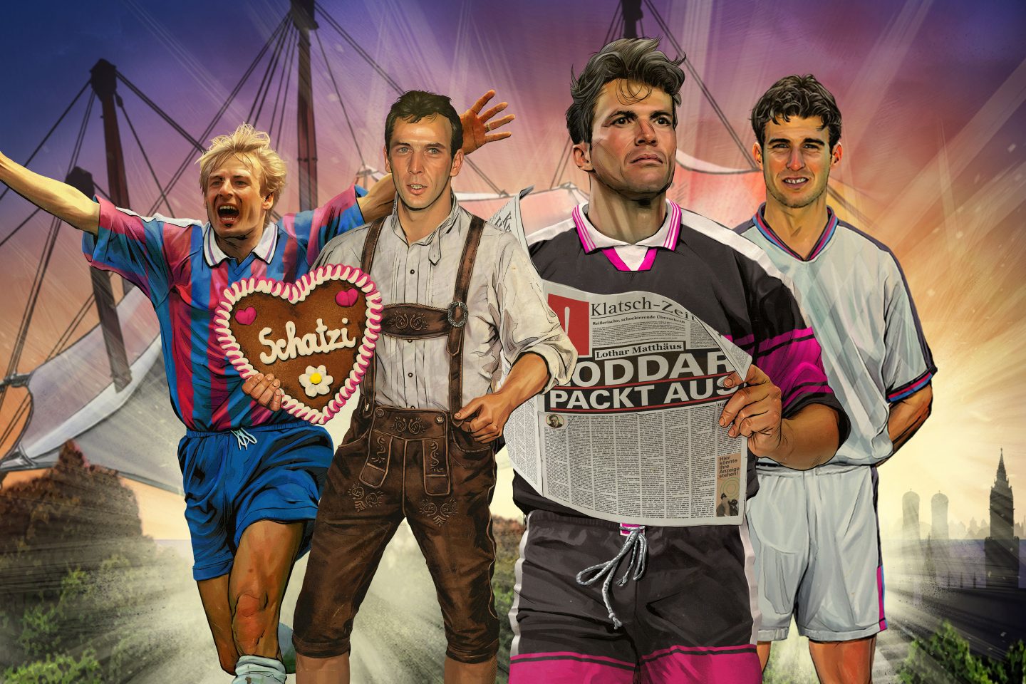 Illustration von vier ehemaligen FC-Bayern-Spielern aus den 90er-Jahren: Mario Basler mit einem Lebkuchenherz, ein Spieler in Lederhose, Lothar Matthäus mit einer Zeitung mit der Schlagzeile 'Matthäus packt aus' und ein weiterer Spieler im Trikot, vor einer ikonischen Stadionkulisse und buntem Hintergrund, der die wilde Ära des 'FC Hollywood' symbolisiert.