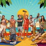 Ein illustratives Gruppenbild zeigt eine bunte Strandlandschaft mit Palmen, Papageien und einem sonnigen Himmel im Comic-Stil. Darauf zu sehen sind mehrere Personen, die fröhlich posieren. Sie tragen sommerliche Outfits, darunter Badeanzüge, Hawaiiketten und Freizeitkleidung. Einige halten Strandaccessoires wie aufblasbare Schwimmtiere oder Cocktails. Die Szenerie vermittelt eine ausgelassene Urlaubsstimmung.