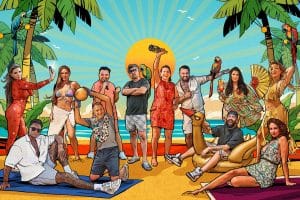Ein illustratives Gruppenbild zeigt eine bunte Strandlandschaft mit Palmen, Papageien und einem sonnigen Himmel im Comic-Stil. Darauf zu sehen sind mehrere Personen, die fröhlich posieren. Sie tragen sommerliche Outfits, darunter Badeanzüge, Hawaiiketten und Freizeitkleidung. Einige halten Strandaccessoires wie aufblasbare Schwimmtiere oder Cocktails. Die Szenerie vermittelt eine ausgelassene Urlaubsstimmung.
