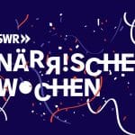 Ein Logo der "Närrischen Wochen" des SWR. Der Schriftzug ist in weißer Schrift auf einem dunkelblauen Hintergrund gestaltet, umgeben von farbigen Konfetti-Elementen in Rot, Weiß und Blau, die eine festliche Stimmung vermitteln. Geschwungene Linien ergänzen das Design und verstärken den Eindruck von Bewegung und Feierlichkeit.