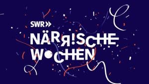 Ein Logo der "Närrischen Wochen" des SWR. Der Schriftzug ist in weißer Schrift auf einem dunkelblauen Hintergrund gestaltet, umgeben von farbigen Konfetti-Elementen in Rot, Weiß und Blau, die eine festliche Stimmung vermitteln. Geschwungene Linien ergänzen das Design und verstärken den Eindruck von Bewegung und Feierlichkeit.