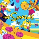 Farbenfrohes Werbebild der TV-Serie 'Die Simpsons' mit den bekannten Charakteren Homer, Marge, Bart, Lisa und Maggie Simpson. Homer hält Donuts in den Händen, während Bart auf einem Skateboard fährt, Lisa Saxophon spielt und Marge sowie Maggie fröhlich in die Kamera blicken. Der Hintergrund ist blau mit bunten Elementen wie Schmetterlingen und Musiknoten. Das Logo der Serie 'The Simpsons' ist zentral platziert.