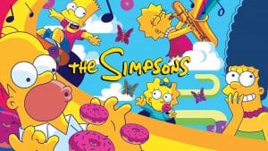 Farbenfrohes Werbebild der TV-Serie 'Die Simpsons' mit den bekannten Charakteren Homer, Marge, Bart, Lisa und Maggie Simpson. Homer hält Donuts in den Händen, während Bart auf einem Skateboard fährt, Lisa Saxophon spielt und Marge sowie Maggie fröhlich in die Kamera blicken. Der Hintergrund ist blau mit bunten Elementen wie Schmetterlingen und Musiknoten. Das Logo der Serie 'The Simpsons' ist zentral platziert.