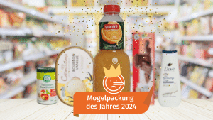 Granini Trinkgenuss Orange wurde zur 'Mogelpackung des Jahres 2024' gekürt. Die Infografik zeigt die Flasche des Produkts im Vordergrund, geschmückt mit einer Krone und einem traurigen Smiley-Symbol. Im Hintergrund sind weitere nominierte Produkte zu sehen, darunter Lebensbaum Tomaten-Gewürzsalz, Cremissimo Bourbon Vanille, Dove Duschcreme und Biscotto Waffelblättchen. Goldene Konfetti-Partikel unterstreichen die zweifelhafte Auszeichnung. Der Schriftzug 'Mogelpackung des Jahres 2024' ist in einem orangefarbenen Banner platziert.