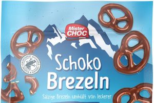 Verpackung der „MisterChoc Schoko Brezeln“ von Lidl in Vollmilchschokolade (140g). Die Verpackung ist blau mit einem Bergmotiv und zeigt mehrere mit Schokolade überzogene Brezeln. Enthält 60 % Vollmilchschokolade.