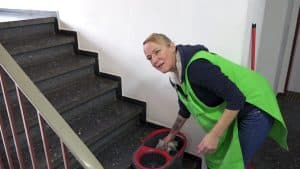 Conni in grüner Arbeitskleidung reinigt ein Treppenhaus. Sie steht neben einem Wischeimer mit Mop und schaut in die Kamera. Im Hintergrund ist eine Treppe mit dunklen Stufen zu sehen.