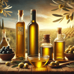 Verschiedene Olivenölflaschen ohne Markenlogos auf einem rustikalen Holztisch, umgeben von frischen Oliven, Olivenzweigen und einer kleinen Schale mit goldfarbenem Olivenöl. Im Hintergrund eine mediterrane Landschaft mit Olivenbäumen unter einem warmen Sonnenuntergangshimmel. Das Bild vermittelt Qualität und Authentizität der traditionellen Olivenölproduktion.