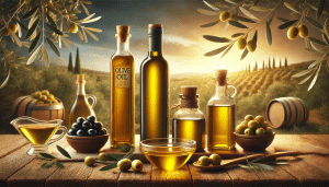 Verschiedene Olivenölflaschen ohne Markenlogos auf einem rustikalen Holztisch, umgeben von frischen Oliven, Olivenzweigen und einer kleinen Schale mit goldfarbenem Olivenöl. Im Hintergrund eine mediterrane Landschaft mit Olivenbäumen unter einem warmen Sonnenuntergangshimmel. Das Bild vermittelt Qualität und Authentizität der traditionellen Olivenölproduktion.