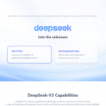Ein Screenshot der offiziellen DeepSeek-Website mit dem Slogan „Into the unknown“. Die Seite bietet zwei Hauptoptionen: „Start Now“ für den kostenlosen Zugang zum DeepSeek-V3-Modell und „Get DeepSeek App“ für die mobile Nutzung. Im unteren Bereich werden die Fähigkeiten von DeepSeek-V3 hervorgehoben, einschließlich seiner hohen Inferenzgeschwindigkeit und seiner Konkurrenzfähigkeit mit führenden geschlossenen KI-Modellen weltweit