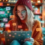 Ein junger Mensch mit Brille und roter Mütze sitzt gemütlich auf einem Sofa und nutzt ein Tablet. Um sie herum schweben digitale Symbole wie E-Mails, Nachrichten und soziale Medien-Icons, die die Vernetzung und digitale Kommunikation symbolisieren. Die warme Beleuchtung und die gemütliche Atmosphäre vermitteln eine moderne, technologiegetriebene Lern- oder Arbeitsumgebung.