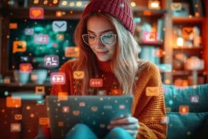 Ein junger Mensch mit Brille und roter Mütze sitzt gemütlich auf einem Sofa und nutzt ein Tablet. Um sie herum schweben digitale Symbole wie E-Mails, Nachrichten und soziale Medien-Icons, die die Vernetzung und digitale Kommunikation symbolisieren. Die warme Beleuchtung und die gemütliche Atmosphäre vermitteln eine moderne, technologiegetriebene Lern- oder Arbeitsumgebung.